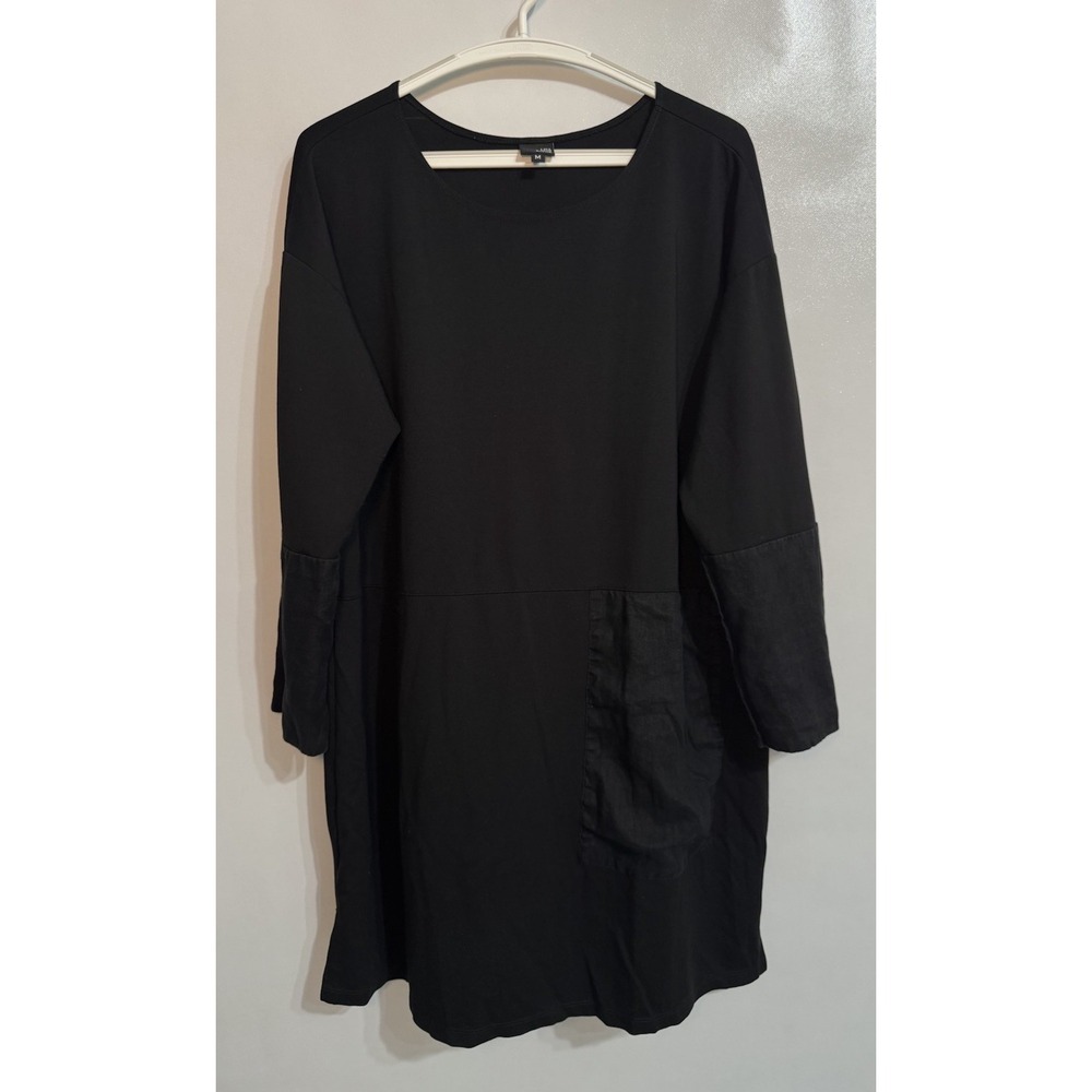 Lisa Bayne Medium Women's Black Lagenlook Contrast Linen Tunic Dress Artsy